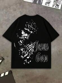 男式落肩短袖十字印花街头风 T 恤 - 黑色 - 查看 3