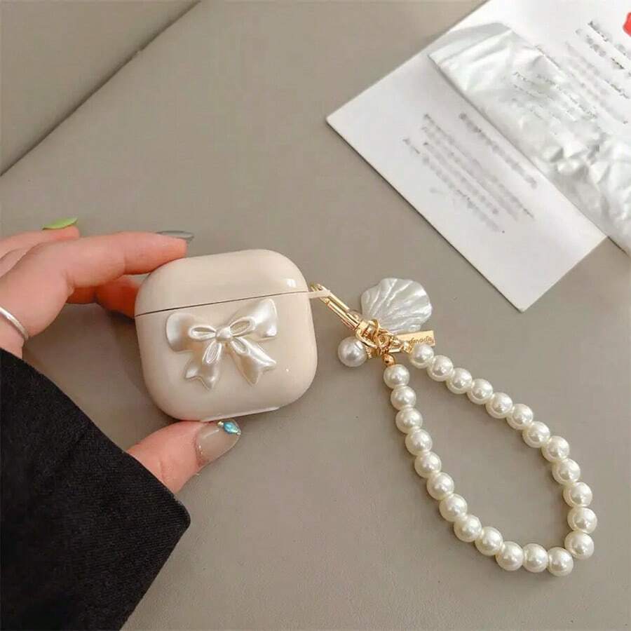 Butterfly Shaped Handmade Earphone Case, Hanging Lanyard Earbud Protective Cover, Cute Soft Case Compatible With AirPods 4/3/Pro/1/2, AirPods Pro 2 - Beige Butterfly + Shell Pearl Chain - View 1