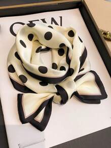 1条简约优雅圆点图案缎面方巾，双层缎带系带领巾/头巾/蝴蝶结，适合搭配连衣裙 - 黑與白 - 查看 6