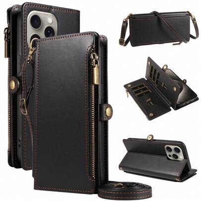 1 件装多功能真皮钱包式手机壳，带卡槽和斜挎肩带，兼容 Apple 17 Pro Max 及同系列产品，时尚保护套，适合购物和旅行。