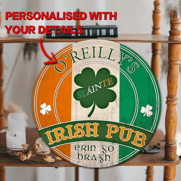 Personalized Irish Bar Metal Sign - Customized Name Text, Vintage Wall Art Decor, Suitable For Home Bar, 8x8 Inch Metal Made,Graphic Print