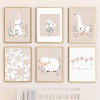 1 件卡通兔子鹅绵羊花朵儿童房墙壁艺术帆布画北欧海报印刷品墙壁画适合婴儿儿童房装饰无框架