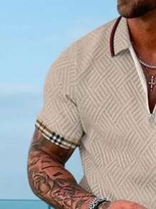 1 套男士运动休闲套装，V 领提花印花 Polo 衫和短裤，夏季 - 卡其色 - 查看 3