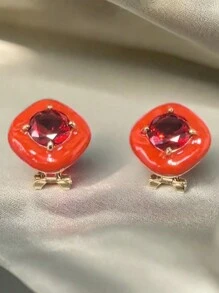 1 Pair French Style Square Zirconia Inlaid Earrings For Women