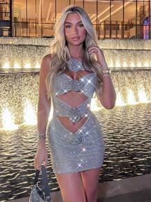 Vestido Curto Bodcon Feito à Mão de Tela Brilhante com Lantejoulas e Vazada, Vestido de Festa Cocktail Sexy de Ajuste Justo com Decoração de Flor e Strass, Vestido de Convidado de Casamento, Formal, Noite