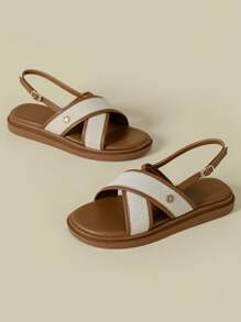 女士厚底单带搭扣凉鞋，撞色纽扣装饰，波西米亚风格，复古编织露趾，舒适厚底，适合海滩，2026春夏/秋季，棕色运动休闲交叉罗马凉鞋，加大码41-43 - 棕色 - 查看 3