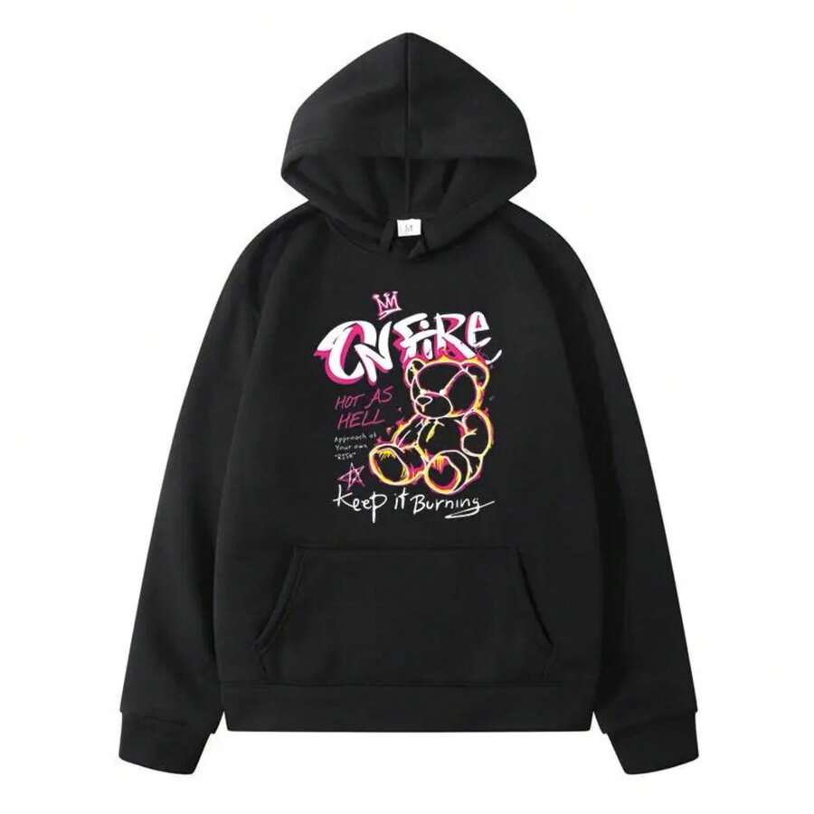 Graffiti StyleTeddy BearPattern Man Hoodie Men Y2k Autumn Pure Cotton Clothing Fashion Sweatshirt New In Hoodies &AmpSweatshirts - 黑色 - 查看 1