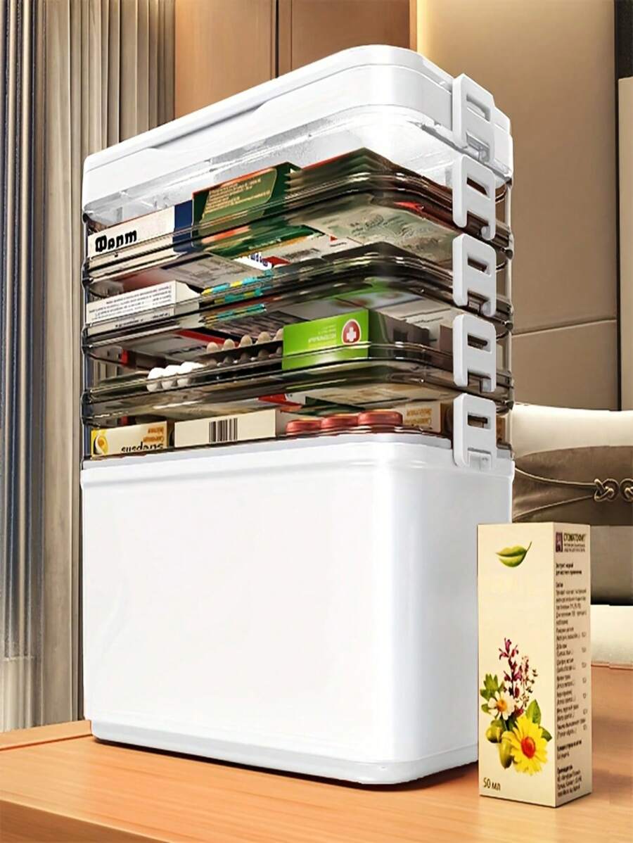 1pc Multifunctional Large Capacity Layered Portable Pill Box Organizer With Handle, Water-Resistant Transparent Medication Storage Box, Ideal For Home And Travel, Christmas Gift Collection