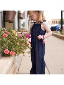 Cute Baby Girls Summer Sleeveless Jumpsuit Solid Color High Waist Denim One-Piece Trousers Kids Fashion Casual Overalls, Fashion, Casual - 藍色 - 查看 1