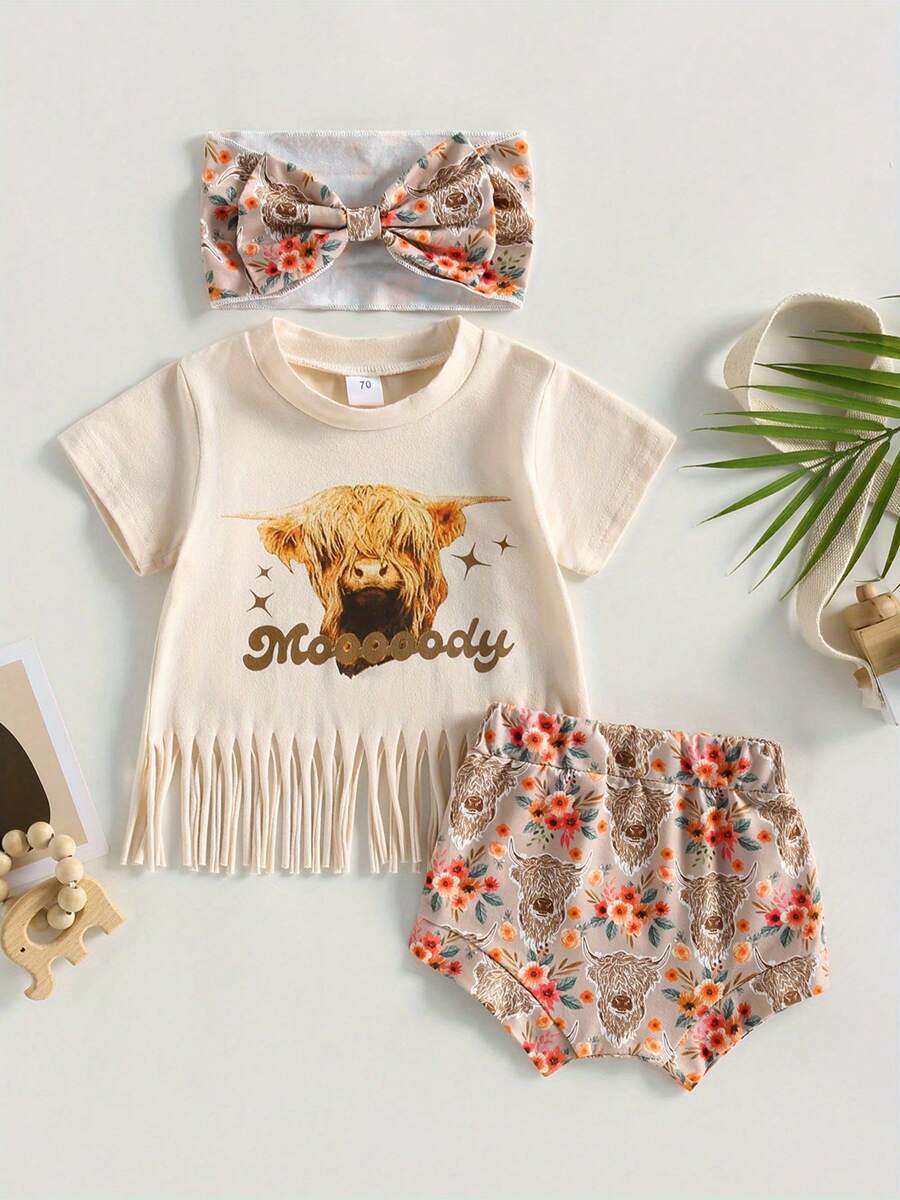 Kids Girls Pants Suit, Casual Street Party Short Sleeves Shirt + Floral Short Pants + Headband