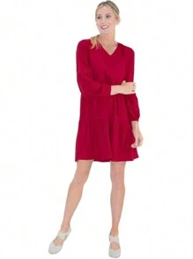 Miss Lavish London Long Sleeve V-Neck Summer Dresses For Women 2024 Casual Elegant Sundress With Pockets, Stylish Tennis Dress, Perfect For Work Or Events, Boho Dress, Fall Wedding Dresses, BLUE-2XL