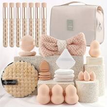 36/28件套化妆刷套装，含旅行包、15支柔软化妆刷、10个粉扑、8个化妆海绵、1个发圈、1个卸妆棉——日常使用或送礼皆宜。