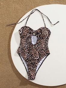 New Soft Leopard Print Halter Tie-Up Hollow Sexy Elegant Party One-Piece Swimsuit For Women, Summer Beach Fashion Ladies Swimwear - Brown - View 3