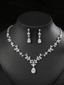 1 套 3 件时尚简约锆石项链和耳环套装，新娘礼服婚礼晚会配饰，带花卉和泪珠设计，适合女士 - 白色 - 查看 1