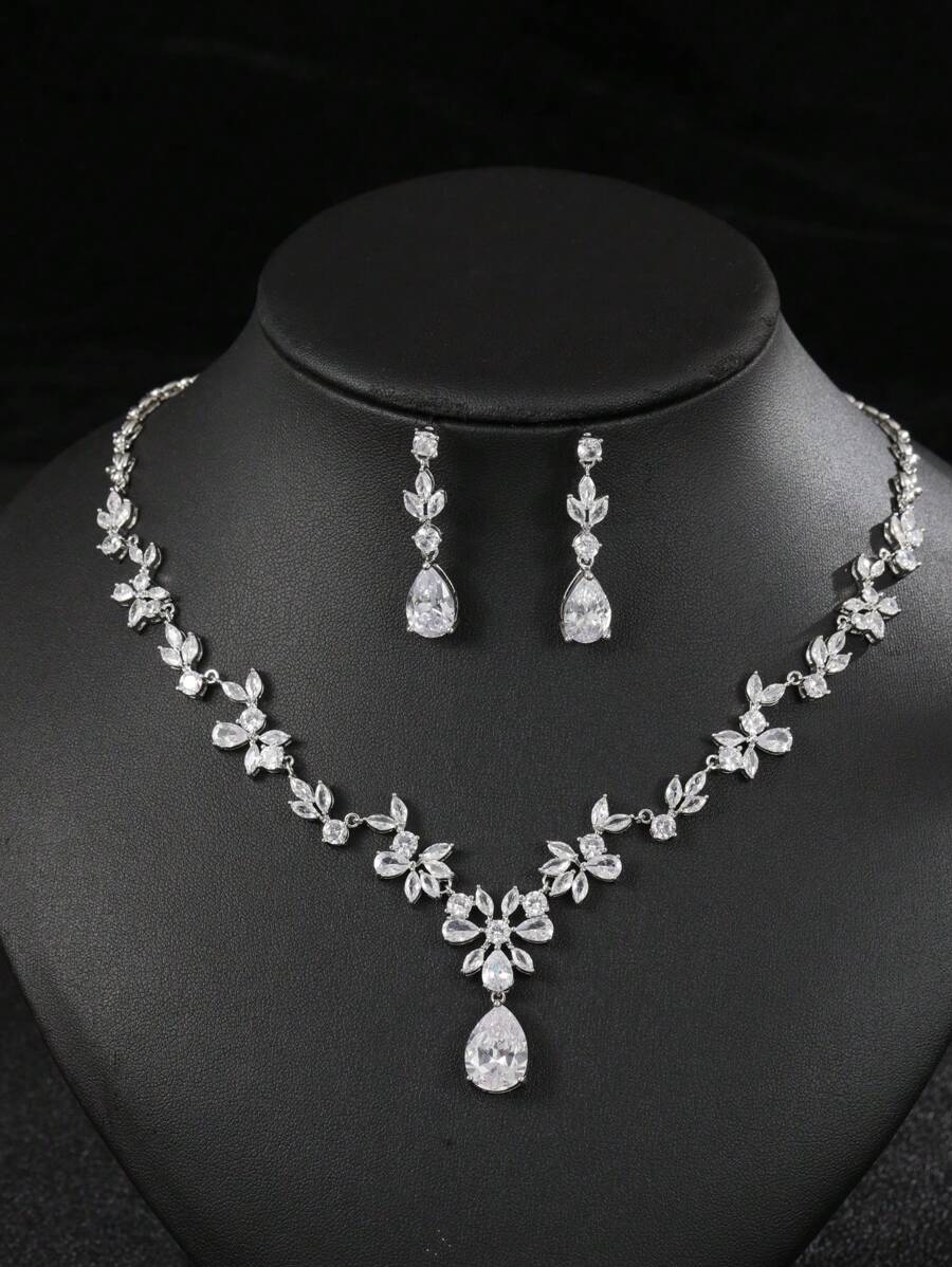 1 套 3 件时尚简约锆石项链和耳环套装，新娘礼服婚礼晚会配饰，带花卉和泪珠设计，适合女士 - 白色 - 查看 1
