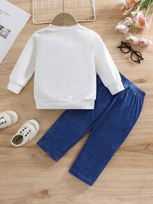 2 piezas Conjunto de ropa para niñas, blusa de manga larga con estampado de retrato de niña linda y pantalones casuales con aspecto de mezclilla, adecuado para uso diario, juego al aire libre y regalos festivos, otoño/invierno