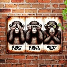 1 pieza Letrero de metal vintage, "No ver el mal, no oír el mal, no hablar el mal" 3 monos sabios, cartel de metal divertido, impresión plana 2D, decoración de metal de uso múltiple, con agujeros perforados previamente para colgar fácilmente, adecuado para habitación, hogar, cocina, oficina, jardín, exterior, dormitorio, sala de estar, cafetería, restaurante, garaje, decoración de bar - Multicolor - Ver 2