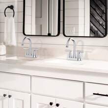 THE Bathroom Faucets 4 Inch Matte Black Bathroom Sink Faucet, Stainless Steel Lead-Free 2-Handle Centerset Faucet With Pop-Up Drain And 2 Supply Hoses Fits 2 Or 3-Hole Sink