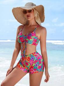 Full Print String Bikini With Beach Cover Up Kimono 3-Pieces Geometric Print Bikini Sets, V Neck Boxer Short Bottom With Cover Shirt Long Sleeves Swimsuit, Women's Swimwear & Clothing Valentine's Day - Đỏ - Xem 2