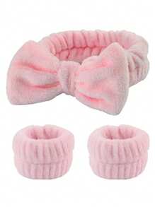 SHEIN X Milania 3Pcs/Set Spa Facial Headbands, 1pc Solid Color Bath Headband & 2pcs Bath Wrist Band, Creative Polyester Facial Makeup Headband & Wrist Wash Band Set For Bathroom