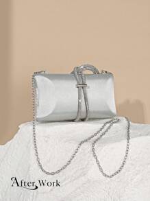 Women's Elegant Satin Box-Shaped Clutch Bag, Shiny Luxury Rhinestone Handbag Suitable For Ball, Birthday Party, Banquet, Wedding, With Chain Included