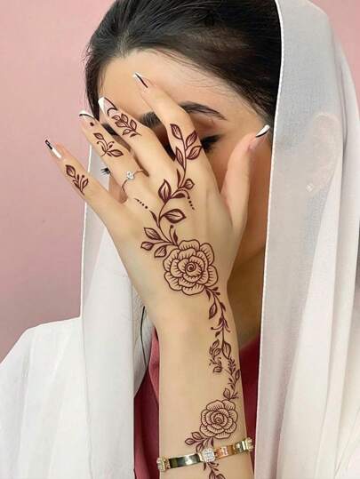 2st Stor, halvärm, storlek Brun-röd Hennastil tillfälliga tatueringar, vattentät, svettsäker, icke-reflekterande