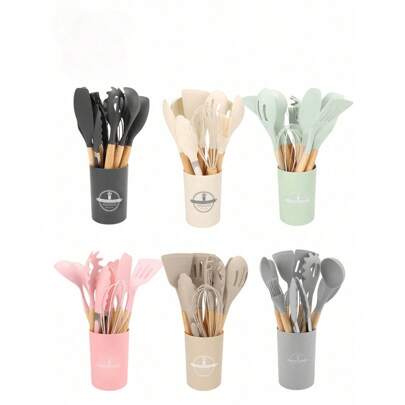 12 Pieces Silicone Kitchen Set Non-Stick Kitchen Utensils Wooden Handle Spatula Eggbeater Cooking Utensils Accessories Back To School