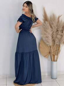 Long Chambray Dress Imitation Jeans Short Sleeve Off Shoulder - Dark Wash - View 2