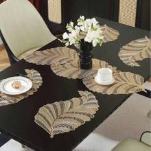 5pcs Gold Rectangular Placemats & Table Runners Set, Laser Cut Hollow Decor For Party & Holiday, Washable - Leaf Placemat Table Runner Set Of 5 - View 8