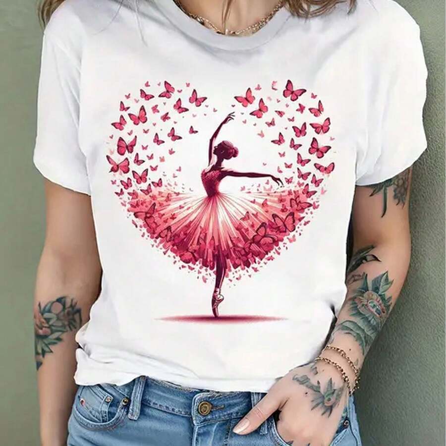 Womens Casual Ballet Dancer And Butterfly Graphic Tee Round Neck Knit Spring And Summer - trắng - Xem 1