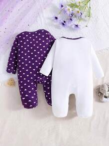 2件套女婴爱心大象印花长袖连体衣，四季皆宜 - 紫色 - 查看 6