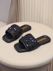 夏季新款女童凉鞋亮片边设计时尚大方闪亮平底沙滩拖鞋 - 黑色 - 查看 2