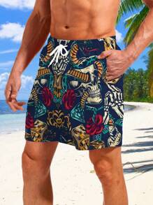 Pantalones cortos con cordón de hombre con patrón de calavera de esqueleto y serpiente, bolsillos novedosos y elegantes para uso casual de verano