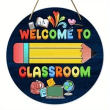 8-Inch Round Wooden Classroom Welcome Sign, Wall-Mounted Teacher Door Plaque, Multipurpose Education Decor, English Language, Ideal Teacher & Back-To-School Gift, Random Mounting Style