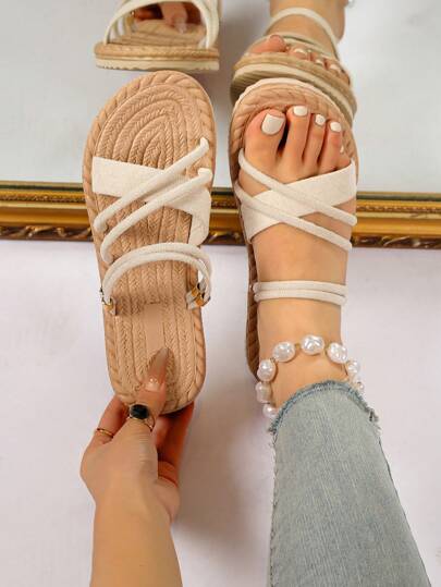 女士平底凉鞋，舒适拖鞋，纯色露趾交叉防滑鞋，休闲沙滩凉鞋，时尚夏季沙滩人字拖，大码凉鞋，适合户外度假穿着