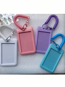 1pc Solid Color Card Holder, Macaroon Style Plastic Sliding Cover, Spring Keychain Card Pouch For Campus ID, Business Cards, Credit Cards, Bank Cards, Suitable For Students And Gifting,School Supplies,Back To School - Multicolor - View 2