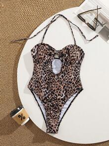 New Soft Leopard Print Halter Tie-Up Hollow Sexy Elegant Party One-Piece Swimsuit For Women, Summer Beach Fashion Ladies Swimwear - Brown - View 1