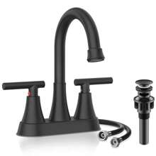 THE Bathroom Faucets 4 Inch Matte Black Bathroom Sink Faucet, Stainless Steel Lead-Free 2-Handle Centerset Faucet With Pop-Up Drain And 2 Supply Hoses Fits 2 Or 3-Hole Sink