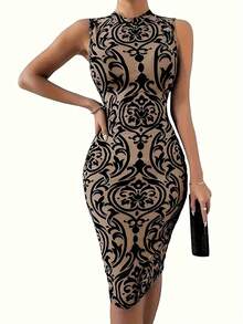 欧美复古印花高端无袖立领修身中长紧身连衣裙