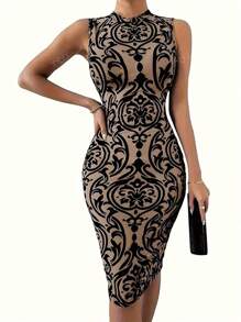 European & American Retro Print High-End Sleeveless Mock Neck Slim Fit Mid-Calf Bodycon Dress