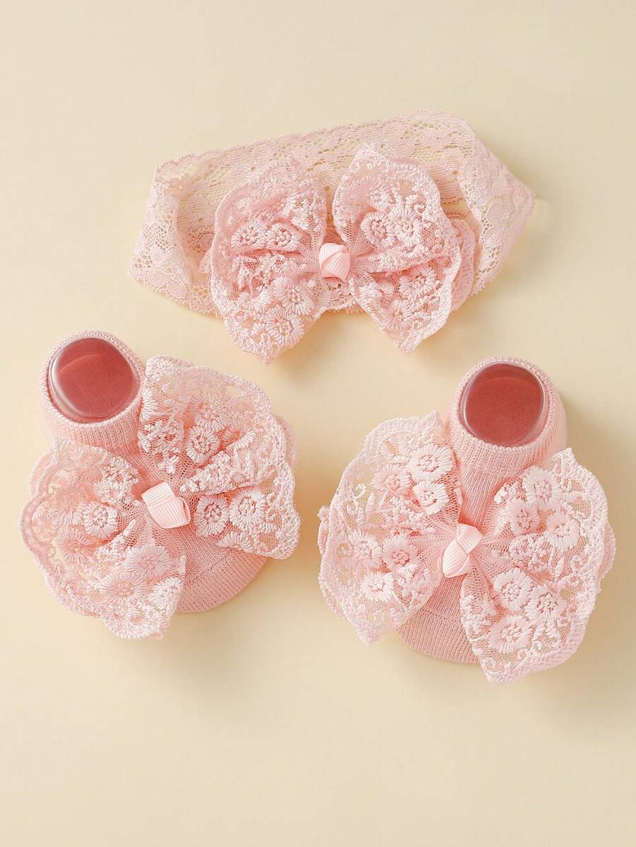 1 Set Baby Girl Adorable Lace Embroidery Bow Headband + Bow Ankle Socks, Summer
