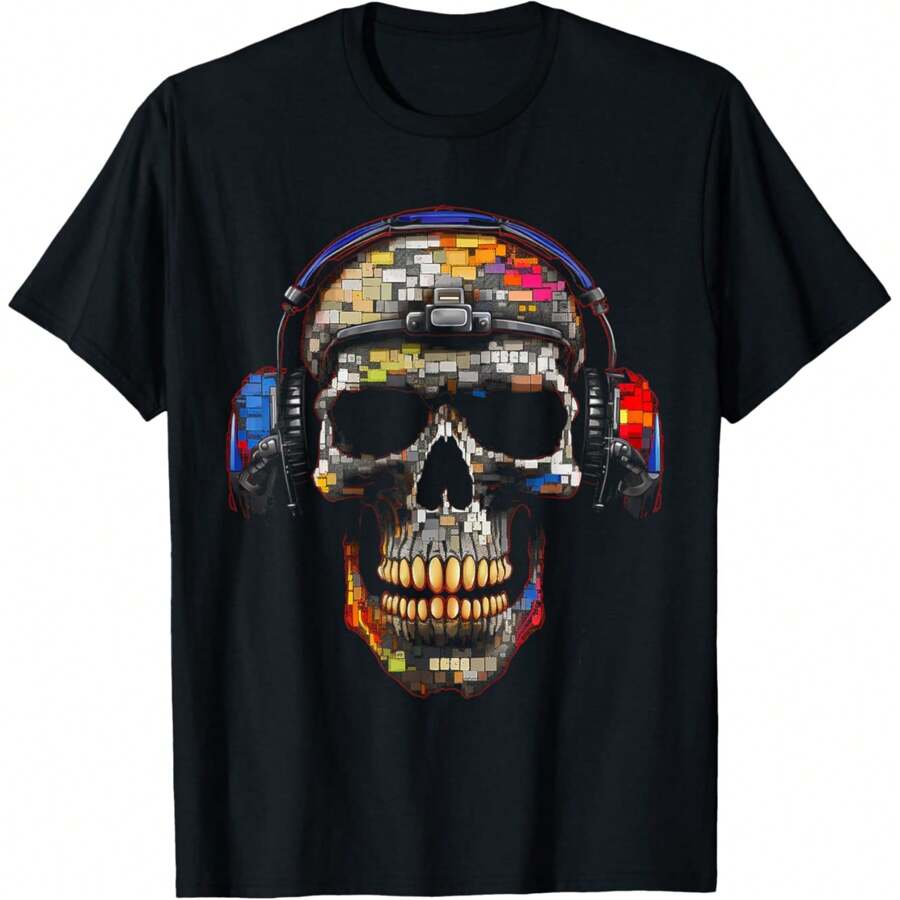 Skull Headphones Colorful Art Graphic Artwork Skull T-Shirt