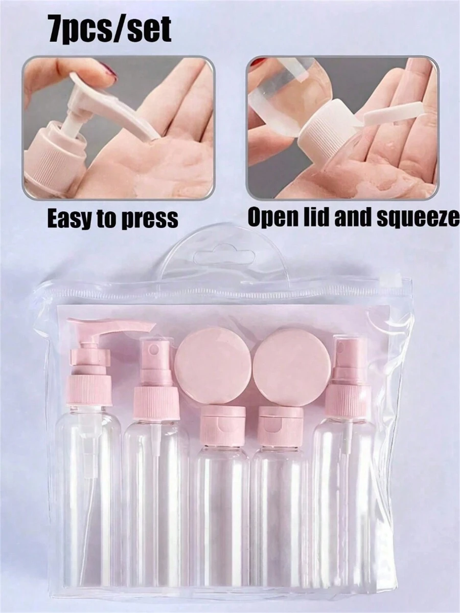 CALINNL 1 件/7 件旅行瓶容器、可再填充瓶套装（带洗漱包）、空液体容器、防漏液体分配瓶、随身携带化妆包、面霜罐、飞机旅行配件、旅行瓶套装、防漏便携式洗漱用品容器套装、透明 PP 航空尺寸化妆品容器（用于乳液、洗发水、面霜、肥皂，带便携包）、旅行瓶套装泵乳液瓶学校学校用品假日露营假期迷你香水女士香水香水海滩旅行必需品旅行必备品暑期学校配件返校用品返校用品