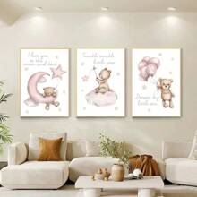 3pcs Children's Room Cartoon Bear Decoration Poster Hanging Picture Suitable For Kindergarten Toy City Wall Shanghai Newspaper Printing High Definition Canvas Material Mural Optional Frame