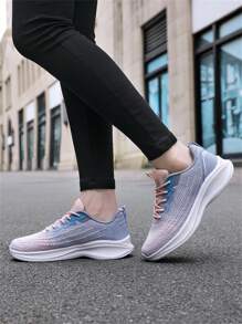 Women's Purple Knitted Mesh Tennis Shoes Thick-Soled Casual Sneakers For Everyday Wear, Fitness, Exercise, Running