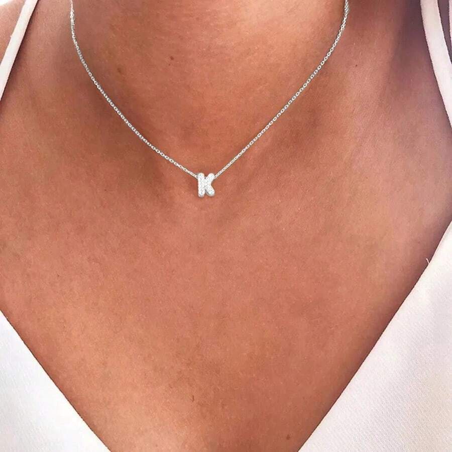 1pc Minimalist Bubble Letter Pendant Necklace, Silver Stainless Steel Chain, Women - Silver - View 1