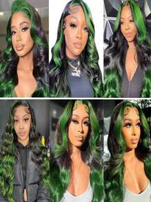 Parrucca frontale in pizzo con onde del corpo, capelli umani brasiliani colorati sfumati, 30-34 pollici, colore verde evidenziato, parrucca frontale in pizzo Remy pre-strappata per donne