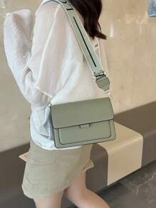 Fashionable Simple Flap Shoulder Bag With Wide Strap, Crossbody - Army Green - View 3