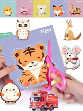 120 Blatt/Set Kinder DIY Papierschneid-Kunst Set mit Schere, 10 Stück/Set Papier Tablett Aufkleber, Montessori Bildungs-Schneid- und Klebestoff, lebendige Designs, kreatives Hands-On Bastelset für Familienzusammenkunft, Motorikförderung & Ferienspaß