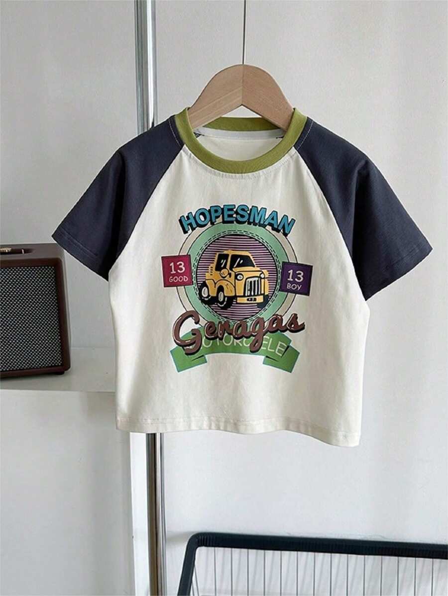 Young Boy Letter Graphic Contrast Raglan Sleeve Tee - White - View 1